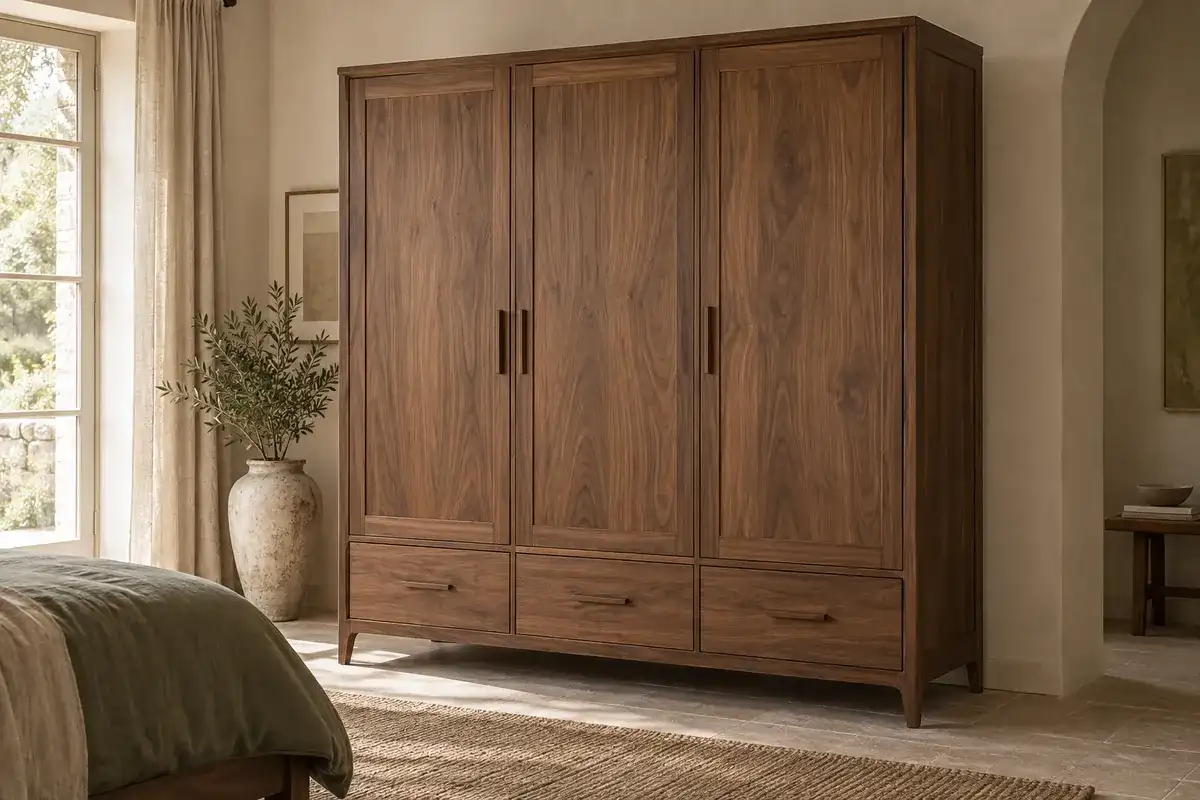 Armoire Aujon en noyer massif, 3 portes et tiroirs
