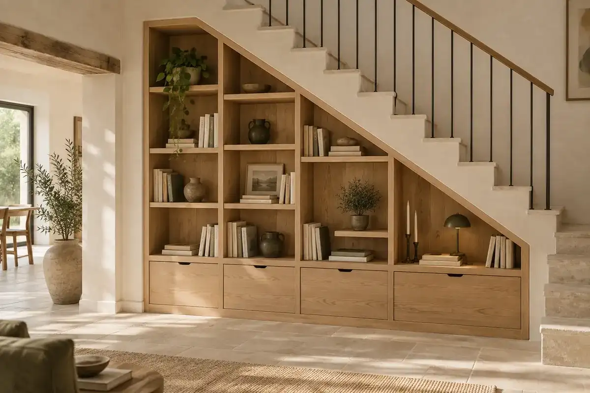 Bibliothèque Thouet sous escalier en frêne massif