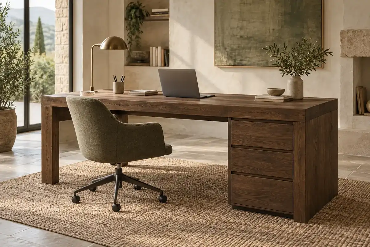 Bureau Dessoubre en chêne fumé, plateau épais