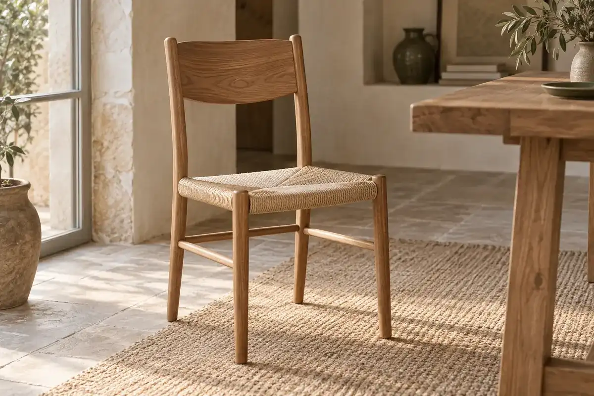 Chaise Baïse en chêne massif, assise tissée
