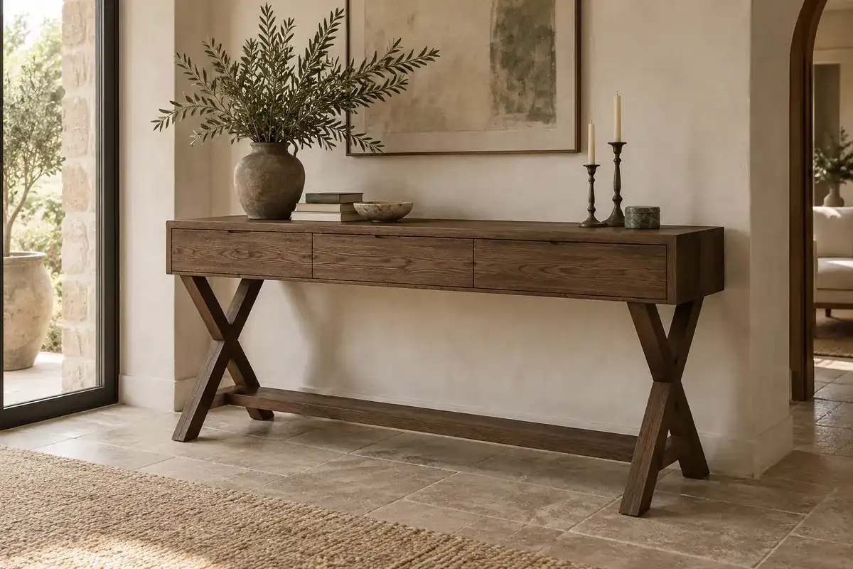 Console Gers en chêne fumé, piètement croisé