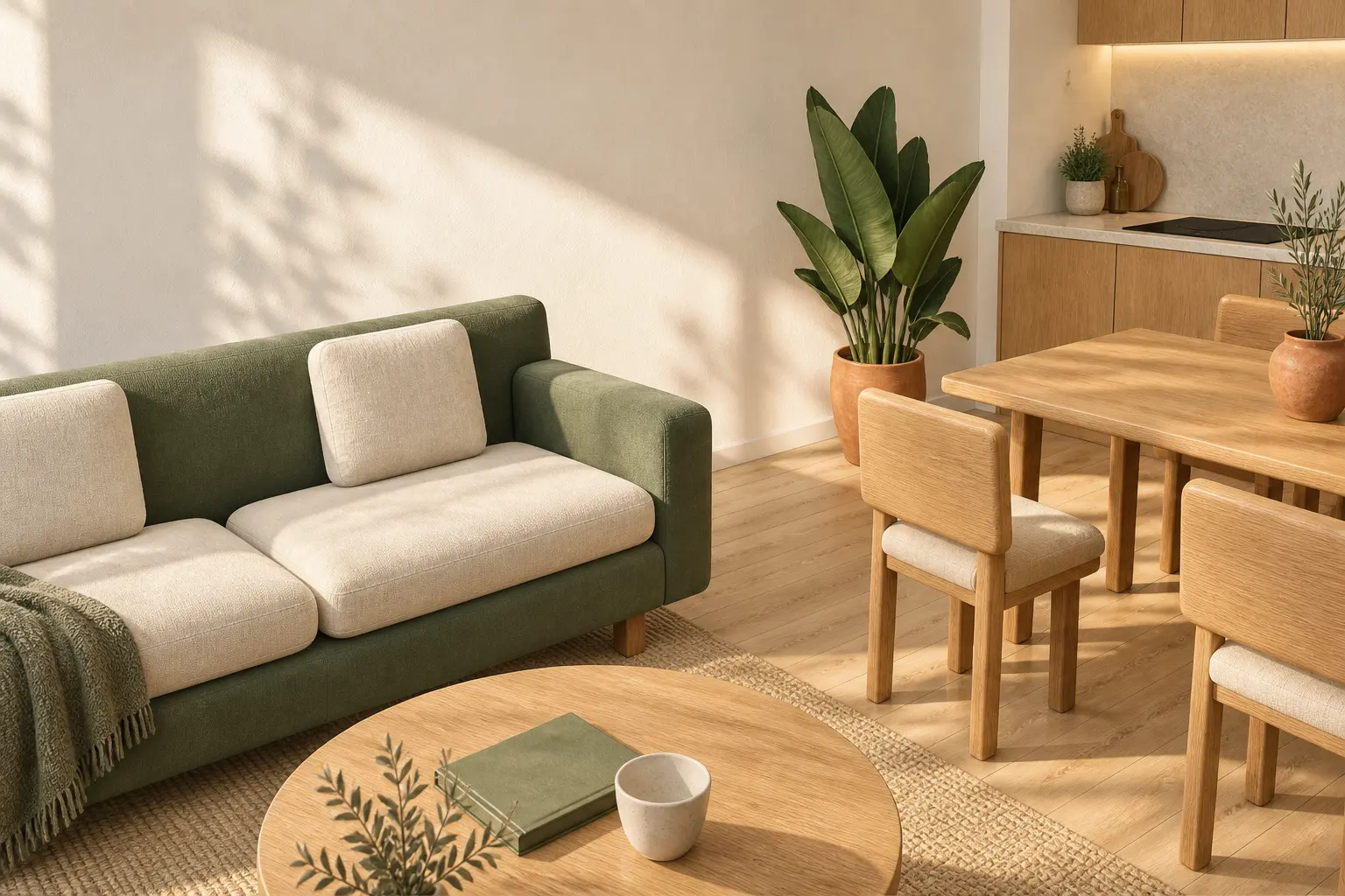 Illustration d’ambiance du projet : canapé sauge, table en bois et cuisine ouverte