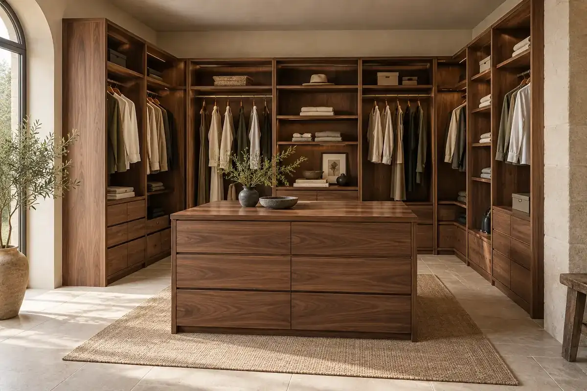 Dressing Trieux en U avec îlot central en noyer massif