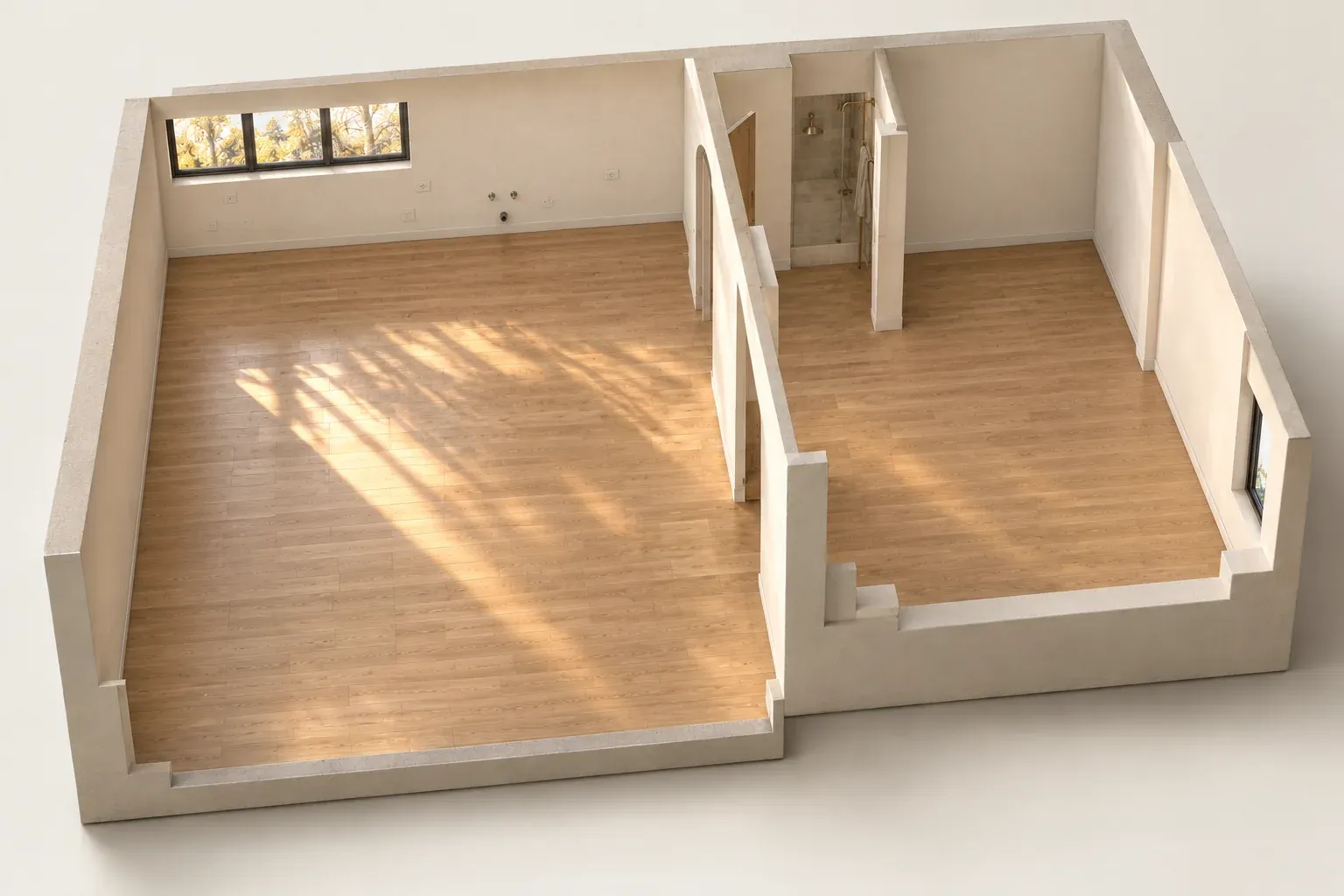 Appartement T2 vide vu en coupe : parquet en chêne, murs nus, grandes fenêtres