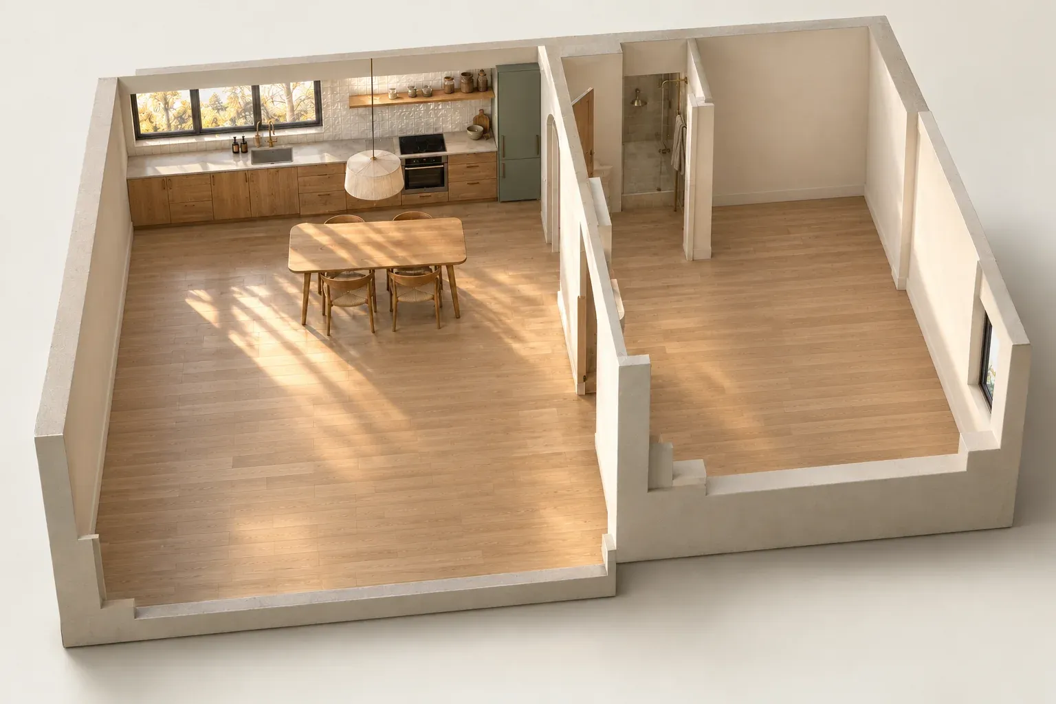 Le même appartement avec la cuisine et le coin repas en chêne massif