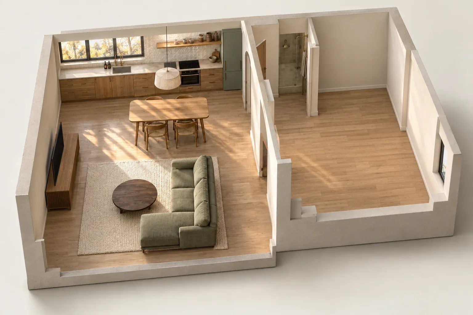 Le même appartement avec cuisine, coin repas et séjour meublés