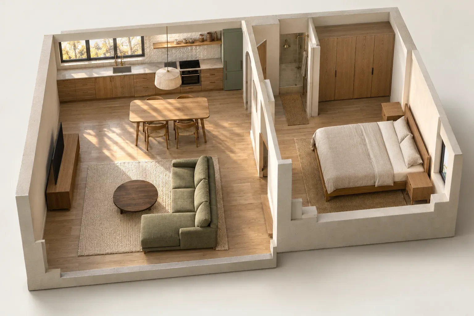 Le même appartement avec la chambre meublée : lit, chevets et dressing en chêne