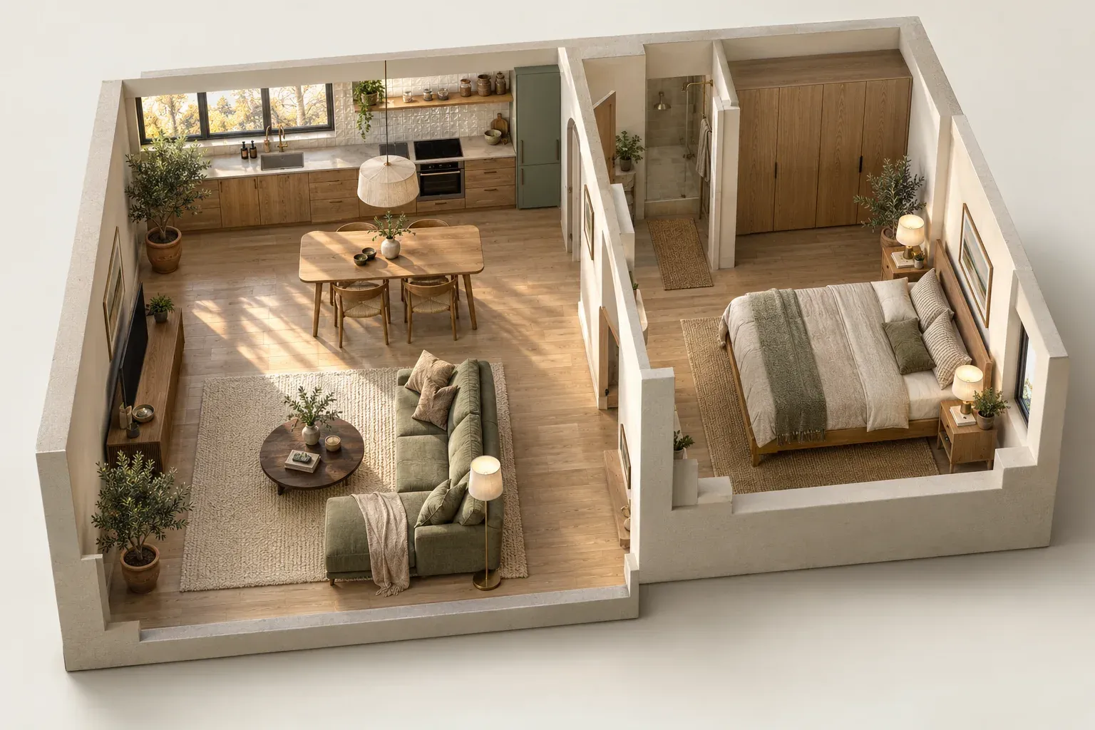 L’appartement entièrement meublé et décoré : cuisine, repas, séjour et chambre en bois massif