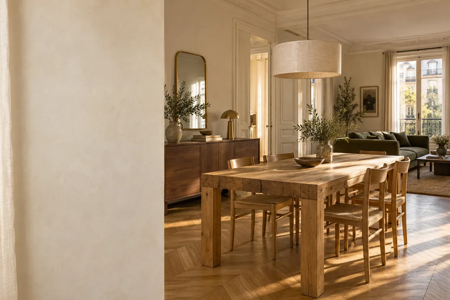 Séjour et salle à manger d’un appartement ancien, table en chêne massif, enfilade en noyer, lumière de fin d’après-midi