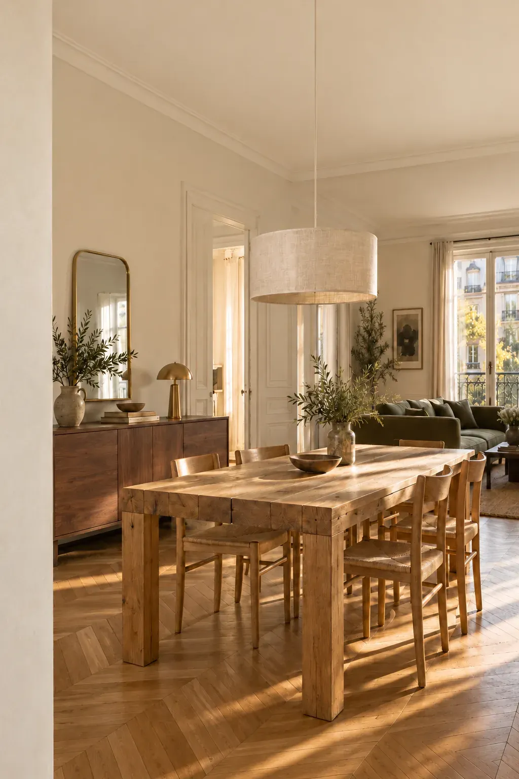 Séjour et salle à manger d’un appartement ancien, table en chêne massif, enfilade en noyer, lumière de fin d’après-midi
