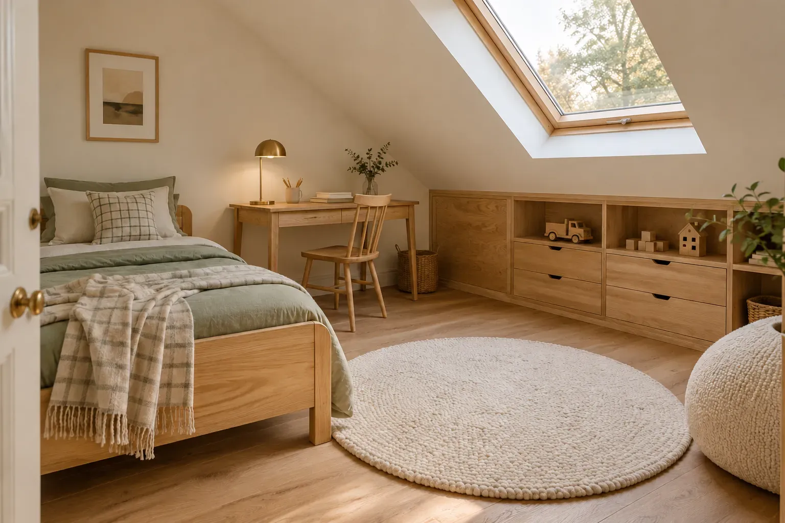 Chambre d’enfant avec lit en frêne massif, bureau et rangements sur mesure