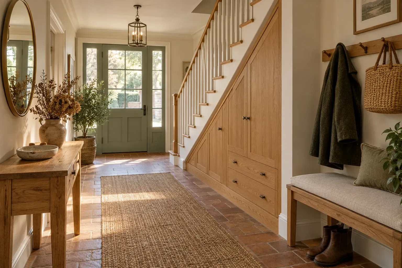 Entrée de maison avec banc, meuble d’entrée et rangement sous l’escalier en chêne massif