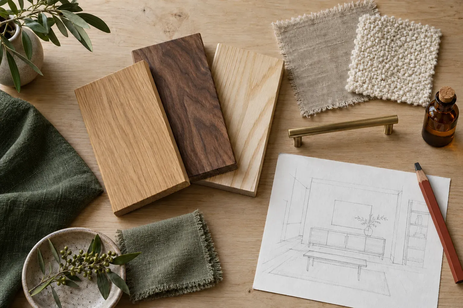 Échantillons de chêne, noyer et frêne massifs, lin, laine bouclée et poignée en laiton sur une table d’atelier, à côté d’une esquisse au crayon
