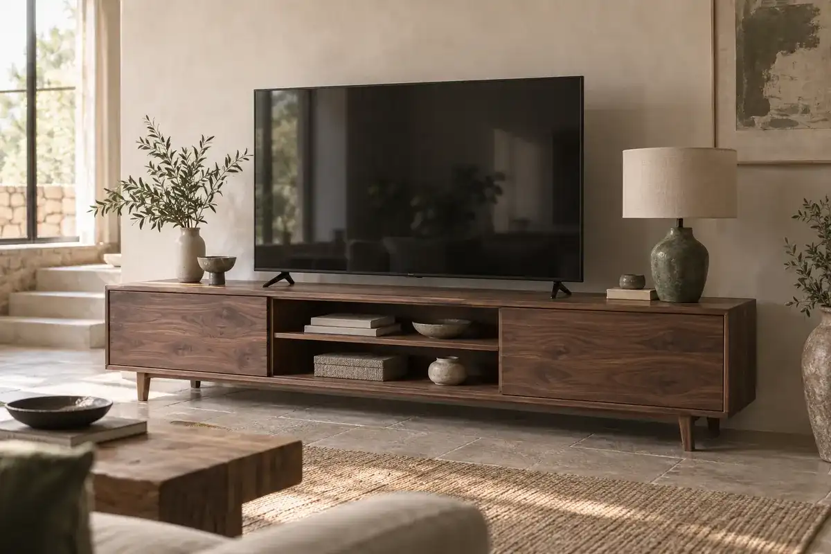 Meuble TV Blavet en noyer massif, niches ouvertes