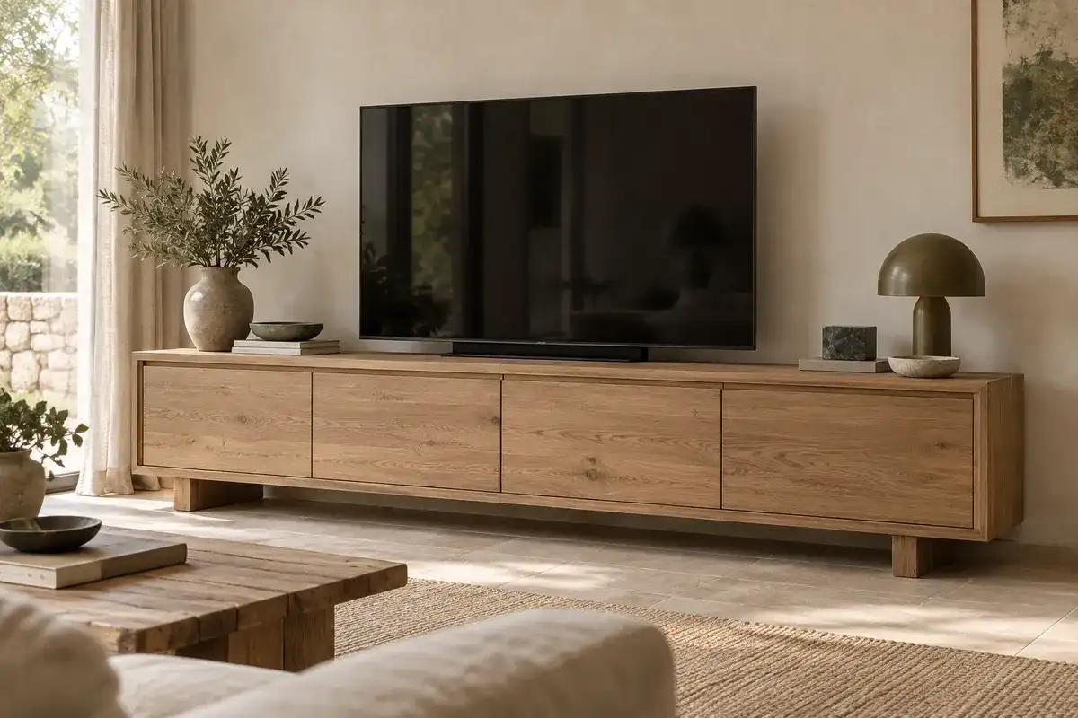 Grand meuble TV Célé en chêne massif, 4 portes