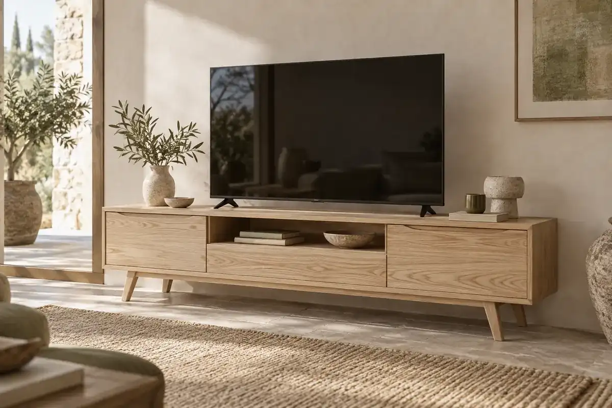 Meuble TV Gartempe en frêne clair, pieds compas