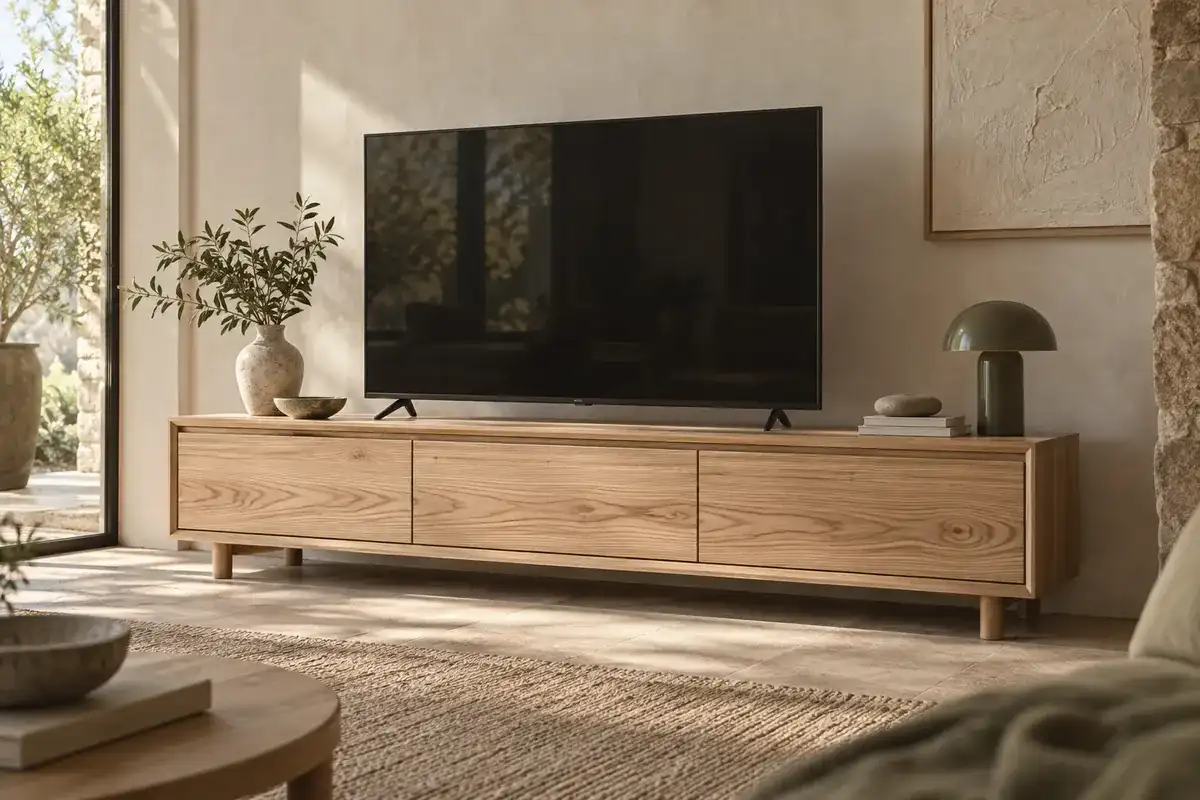 Meuble TV Trieux en frêne massif, lignes basses