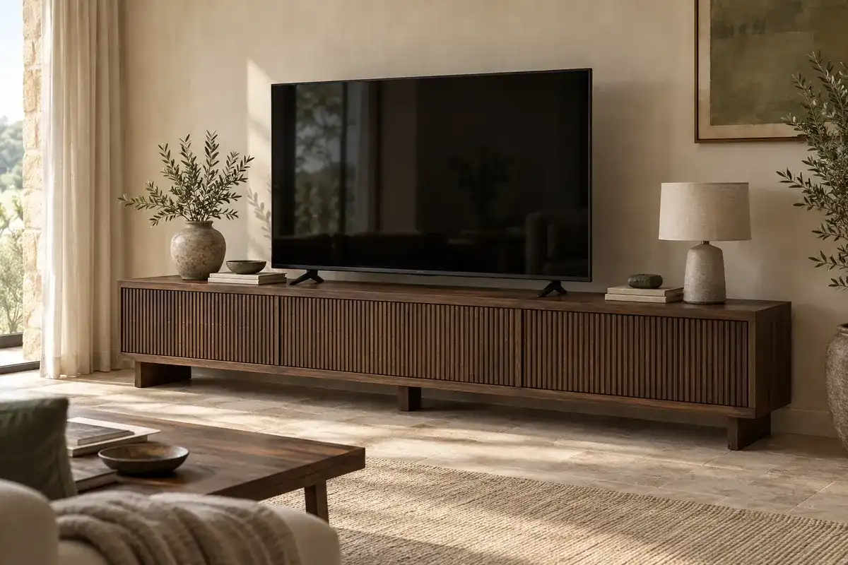 Meuble TV Vézère en chêne fumé, façades rainurées