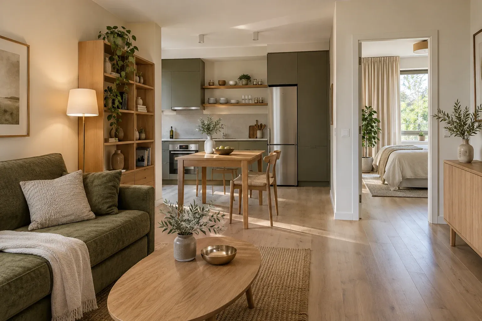 Logement en location meublée prêt à louer, avec coin cuisine équipé et séjour meublé en chêne