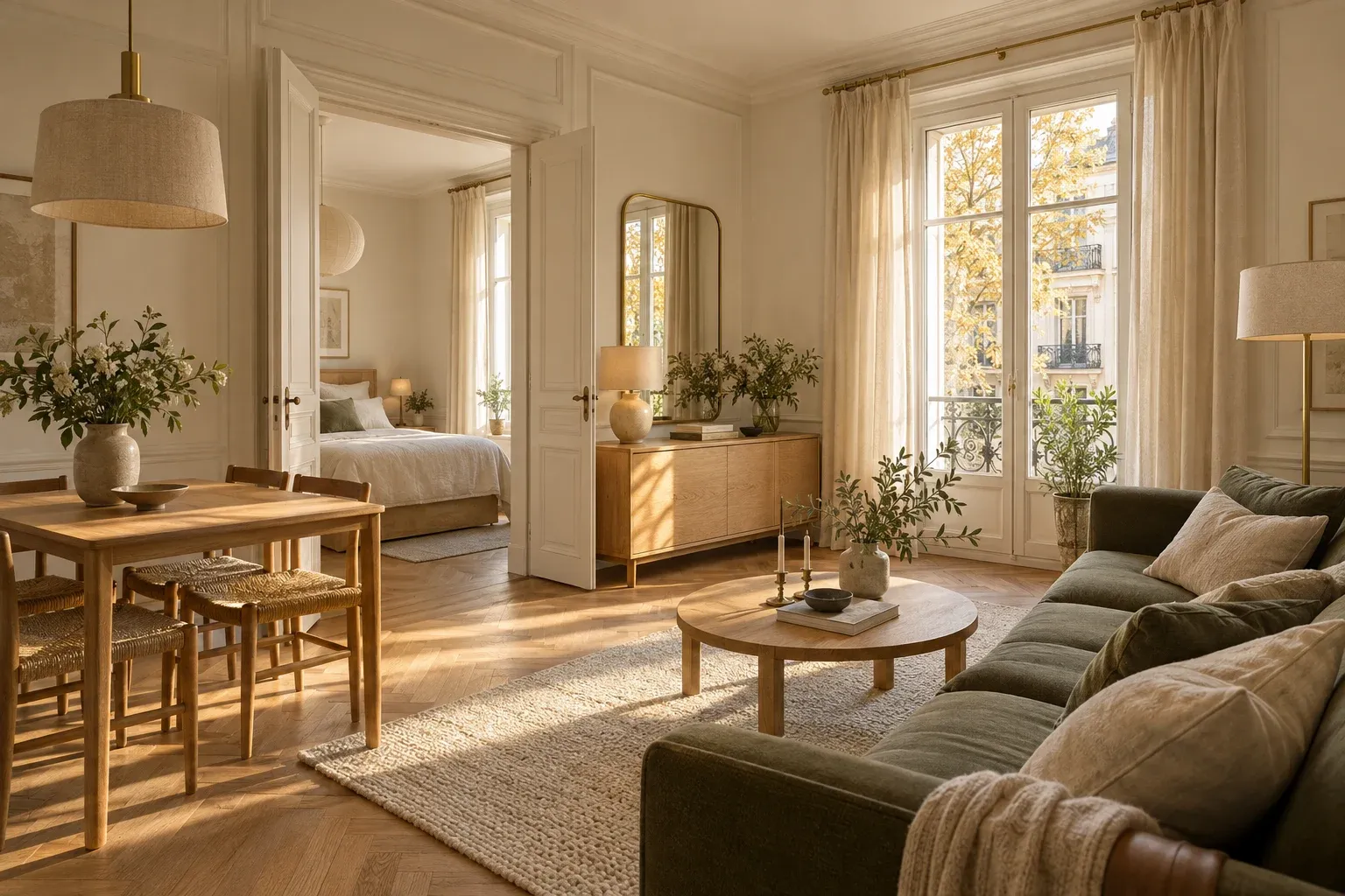 Séjour d’un appartement T2 entièrement meublé en chêne massif
