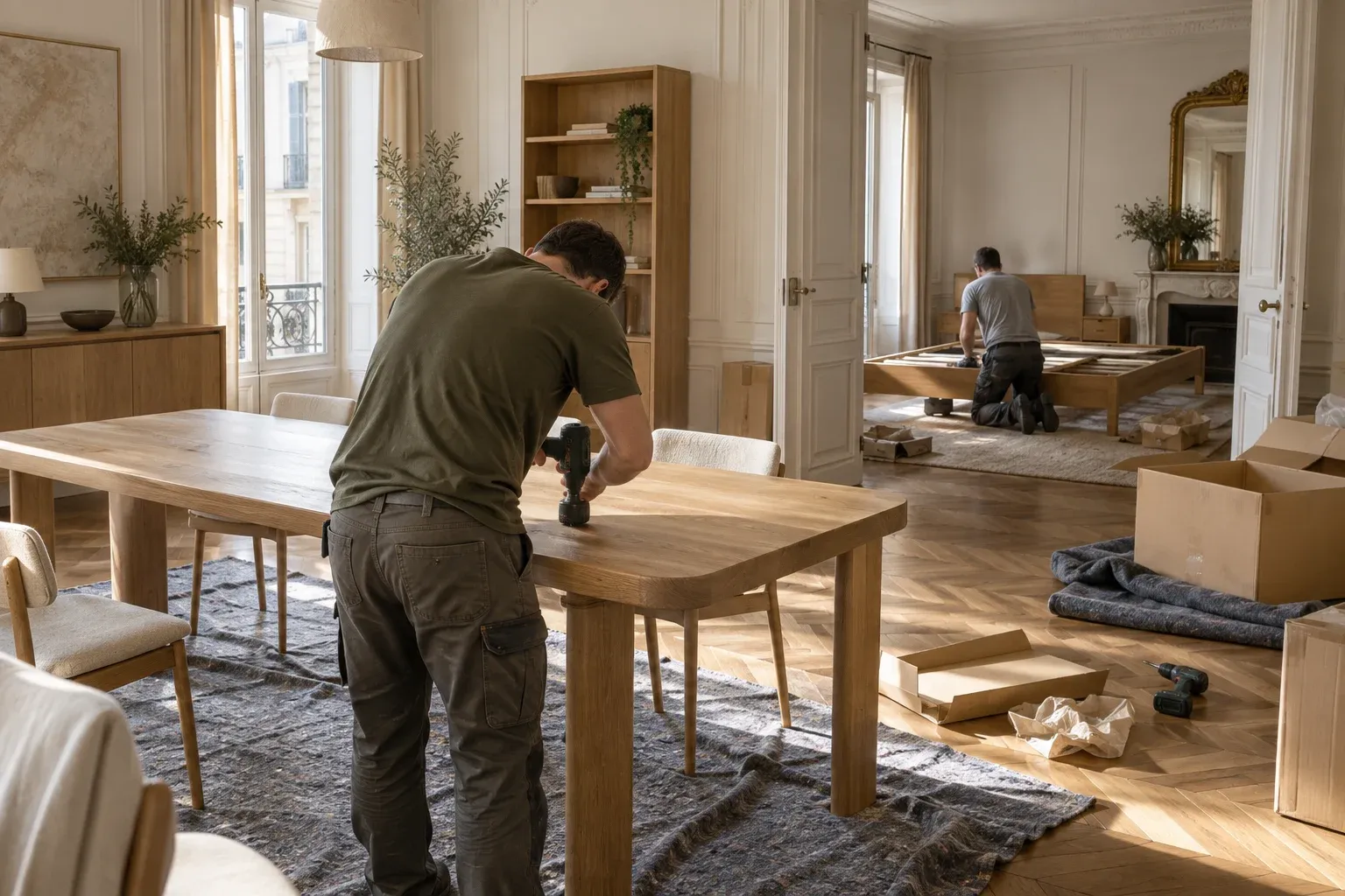 Monteur fixant une table en chêne massif dans un appartement en cours d’ameublement