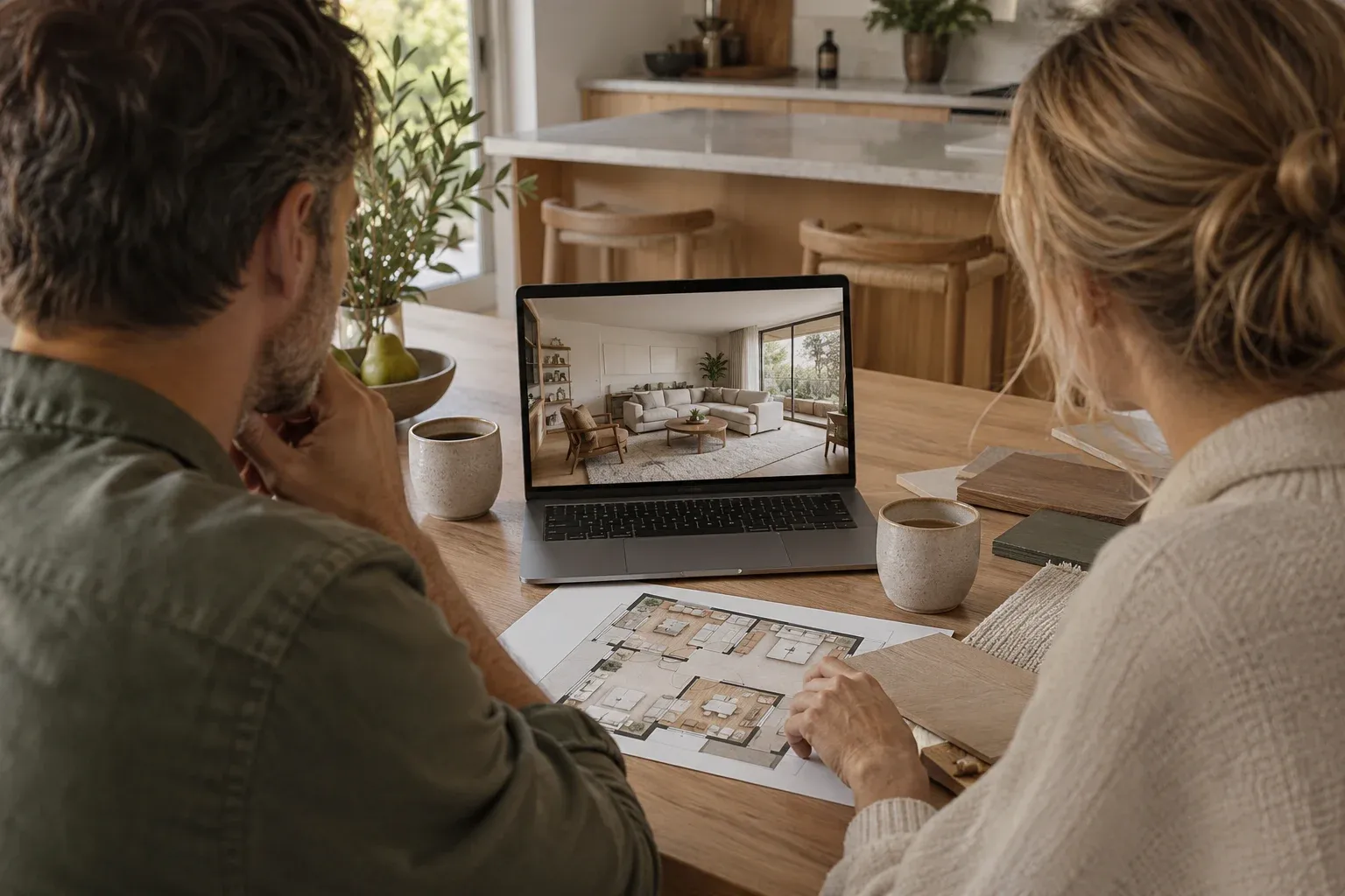 Couple validant sur ordinateur la vue 3D de son séjour, plan imprimé sur la table