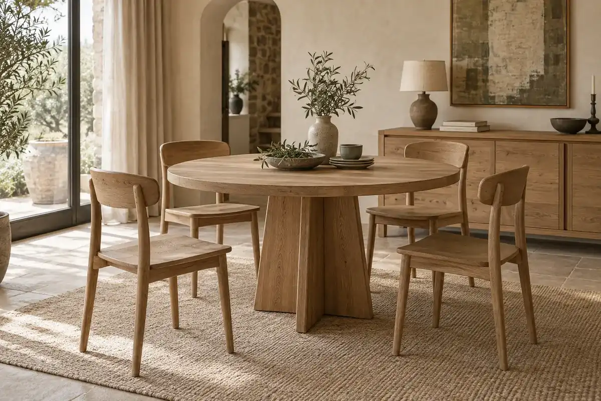Ensemble Cèze en chêne massif, table ronde et 4 chaises