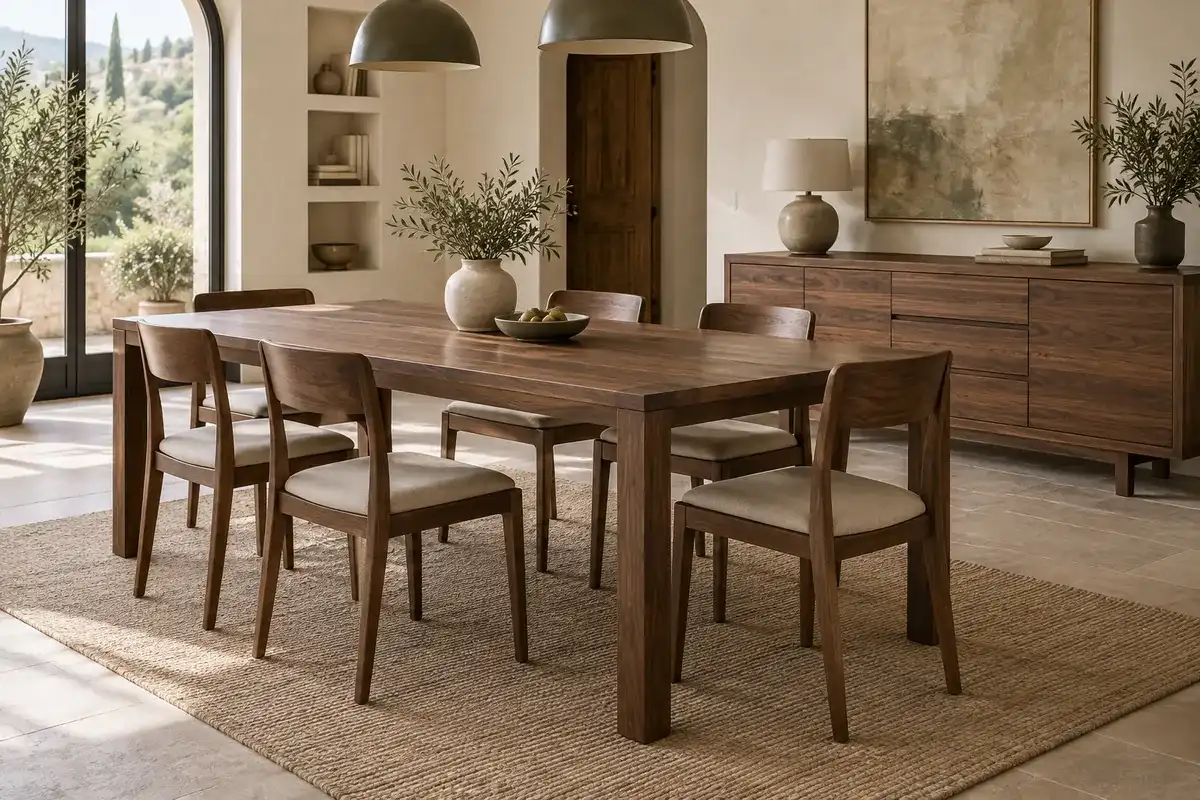 Ensemble Hérault en noyer massif, table, chaises et buffet