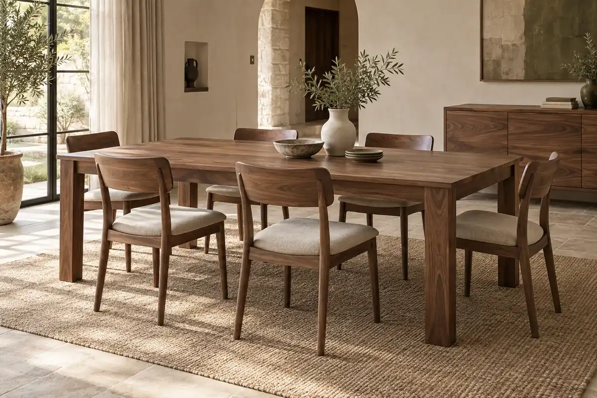 Ensemble Truyère en noyer massif, table et 6 chaises