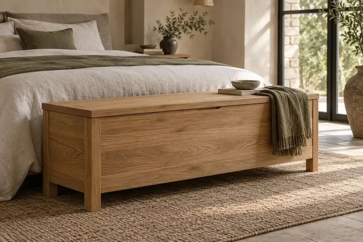Banc Risle de bout de lit avec coffre en chêne massif