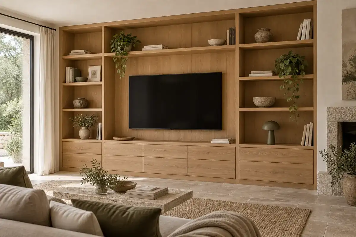 Mur TV Blavet toute largeur avec niches en chêne massif