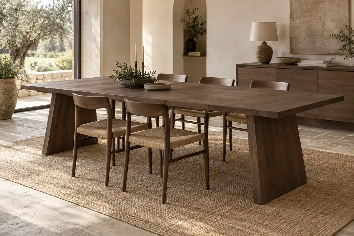 Table Cère en chêne fumé, pied trapèze