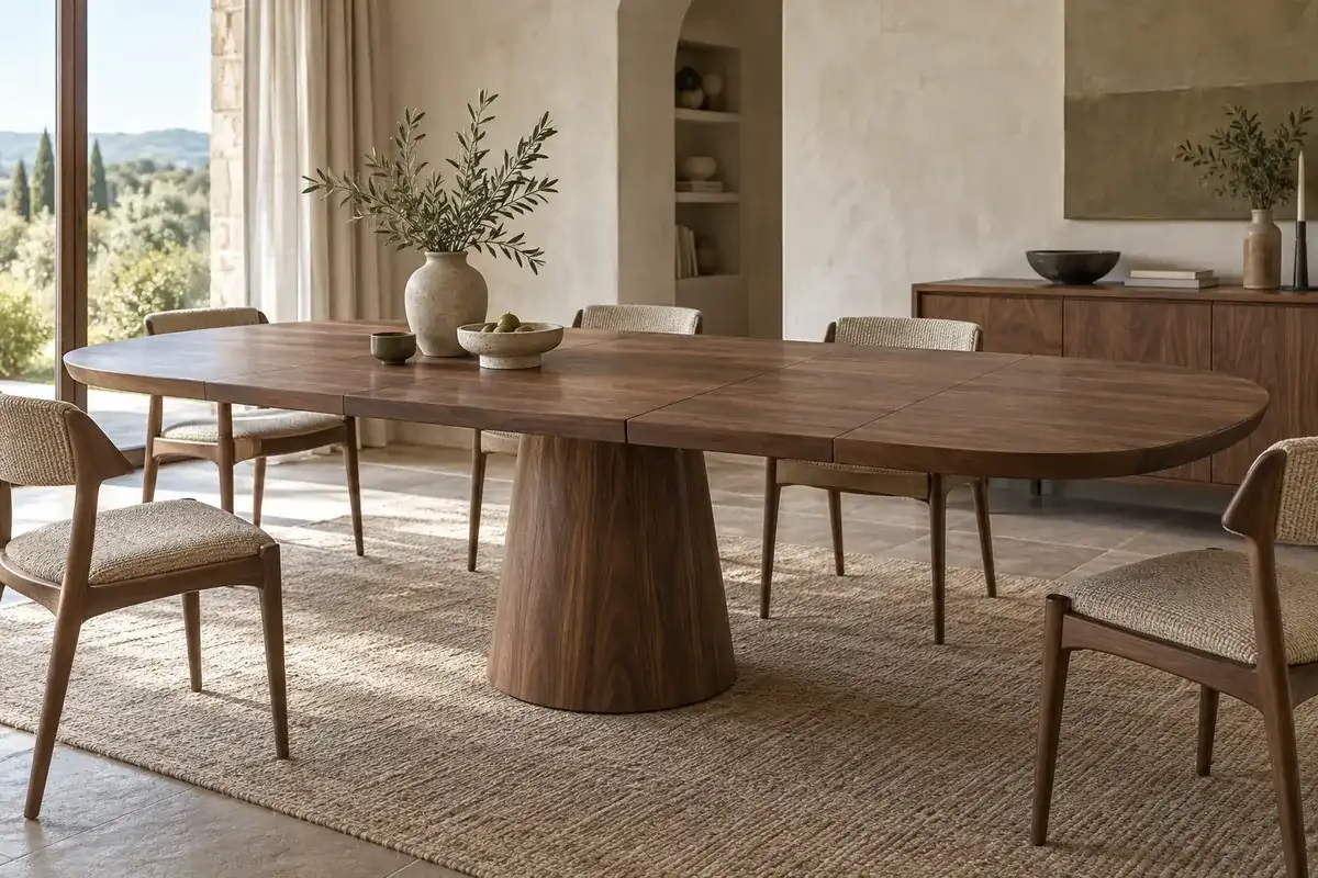 Table Verzée en noyer massif, pied central