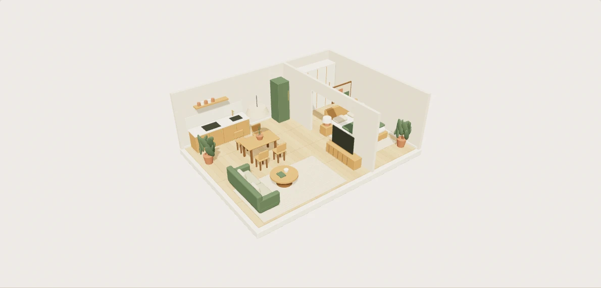Maquette illustrative d’un appartement meublé : séjour, coin repas, cuisine et chambre
