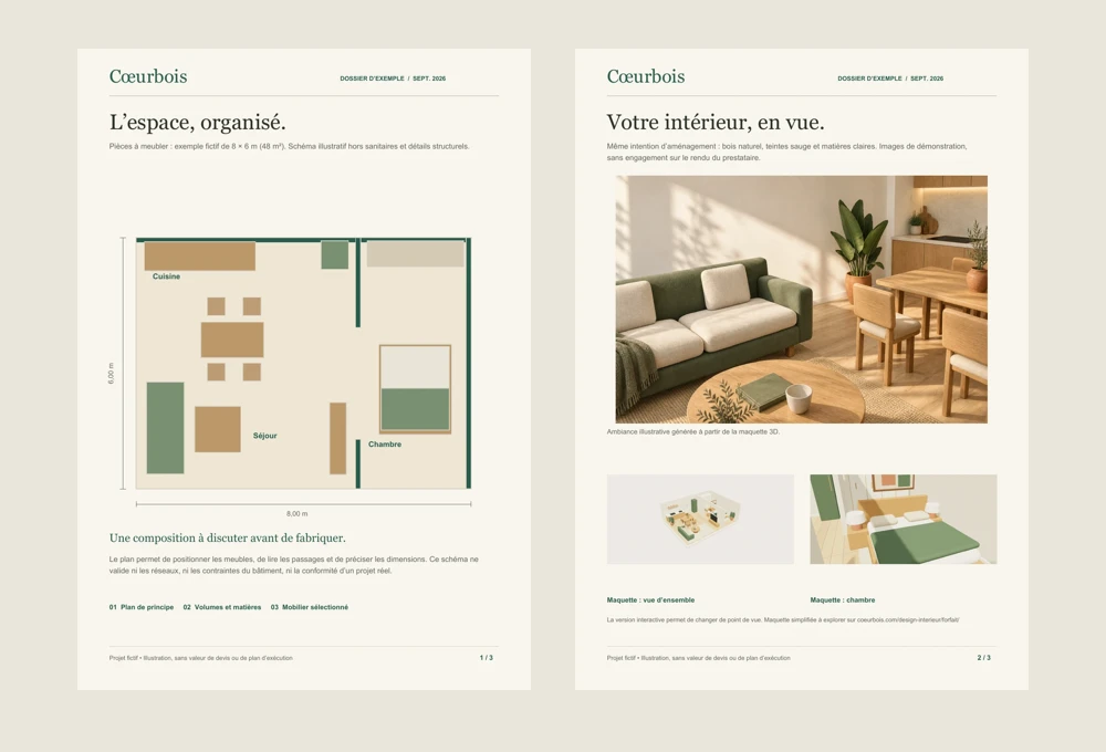Aperçu du dossier illustratif : plan d’aménagement et vues 3D